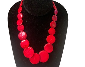 Ruby Red Round Disc Enamel Necklace 19” Retro #69