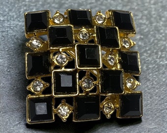 Vintage Checkerboard Brooch Pin Onyx Crystal Brooch Art Deco Design #76