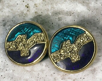 Vintage Round Statement Clip On Earrings Gold Enamel Green Blue #73