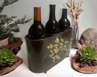 Vintage Wine Caddy Carrier Metal Olive Branches Design Triple Bottle #14