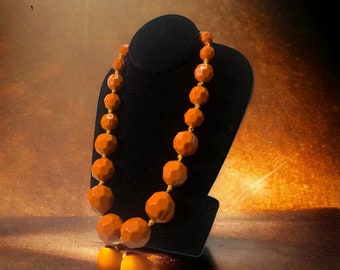 Vintage Chunky plastic Bead Necklace Tangerine Orange Flintstone Style #14