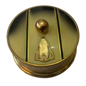 Vintage Art Deco Powder Box Canister Enamel Gold Metal Lid Vanity Piece Yellow #10