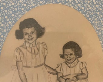 Vintage Pencil Drawing Art 60’s Little Girls Handmade Framed Silver Blue