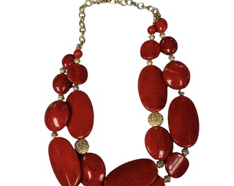 Stunning Vintage Red Dyed Howlite Stone Necklace Double Strand #14