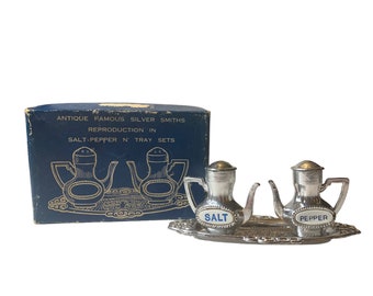 Vintage Souviner Salt Pepper Tray Set Teapot Design 1950's Silver #10