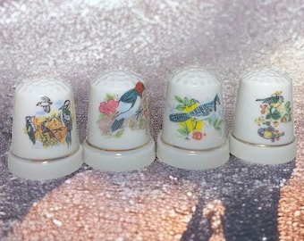 Vintage Porcelain Thimble Lot 4 Birds Gold Band #97