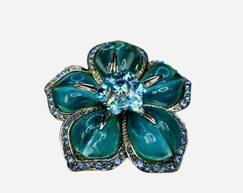 Vintage Unsigned Brooch Flower Blue Aqua Silver-tone 2" Mid Century #78