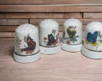 Vintage Porcelain Thimbles Set 4 Butterflies Gold Band Flowers Dimpled #98
