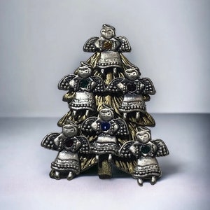 Vintage K C Christmas Tree & Angels Brooch Pewter Rhinestones Signed #74