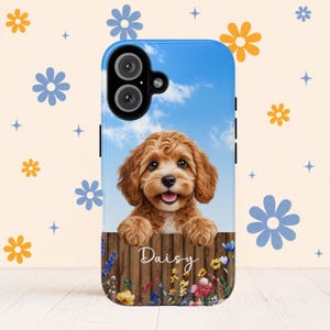 Cavapoo hundtelefonskal, personlig blommig staketkonst, iPhone Samsung-skydd
