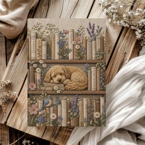 Cavapoo hund sovande Cottagecore-dagbok, anteckningsbok med konstbroderi och blommigt tryck, vintage botanisk estetisk dagbok, present till hundälskare