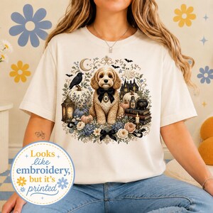 Cavapoo Halloween-shirt, gotisch cottagecore T-shirt voor hondenliefhebbers, Raven Pumpkin Moon