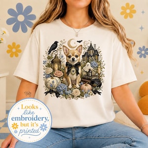 Chihuahua Halloween shirt, Gothic Cottagecore T-shirt voor hondenliefhebbers, Raven Pumpkin Moon