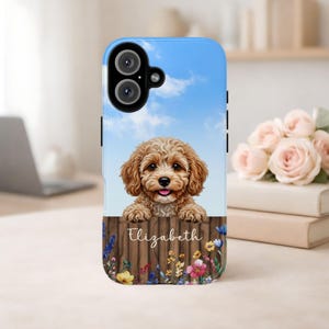 Funda personalizada para teléfono con diseño de perro Cavapoo, valla floral y nombre personalizado para iPhone y Samsung.