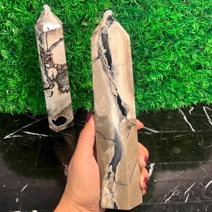 May include: Two polished stone towers with a hexagonal point, featuring a beige and tan base color with prominent dark brown and black veining throughout the surface. The stones have a smooth, reflective finish and a distinct, jagged fissure pattern.