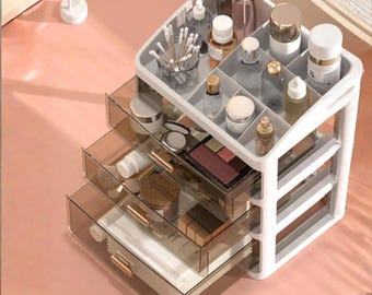 Acrylic Makeup Organizer, White Vanity Skincare Drawer Caddy, Gold Pulls