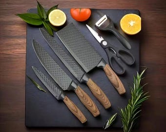 6-Piece Kitchen Knife Set, Stainless Steel, Wood Grain Handle, Diamond Blade