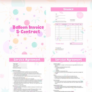 May include: A pink and white balloon invoice and contract template. The document includes sections for an invoice, service agreement, and terms. The design features pastel colors and decorative balloon graphics. The text includes "Balloon Invoice & Contract" and "Invoice".