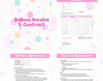 Plantilla editable de factura y contrato de globos / Formularios comerciales de globos en Canva / Contrato de decoración de eventos / Paquete de facturas de precios de globos