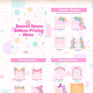 May include: A pink and white Balloon Menu sign featuring Bounce House Balloon Pricing. The menu displays various balloon garland designs for inflatables, including classic, spiral, double, beaded, rainbow, bow, and mermaid tail styles with prices.