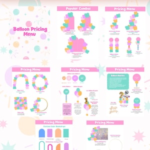 May include: A pink and white balloon menu with various balloon arrangements and pricing options. The menu includes sections for popular combos, pricing, and custom color backdrops. Text includes "Balloon Menu" and "Balloon Pricing Menu."