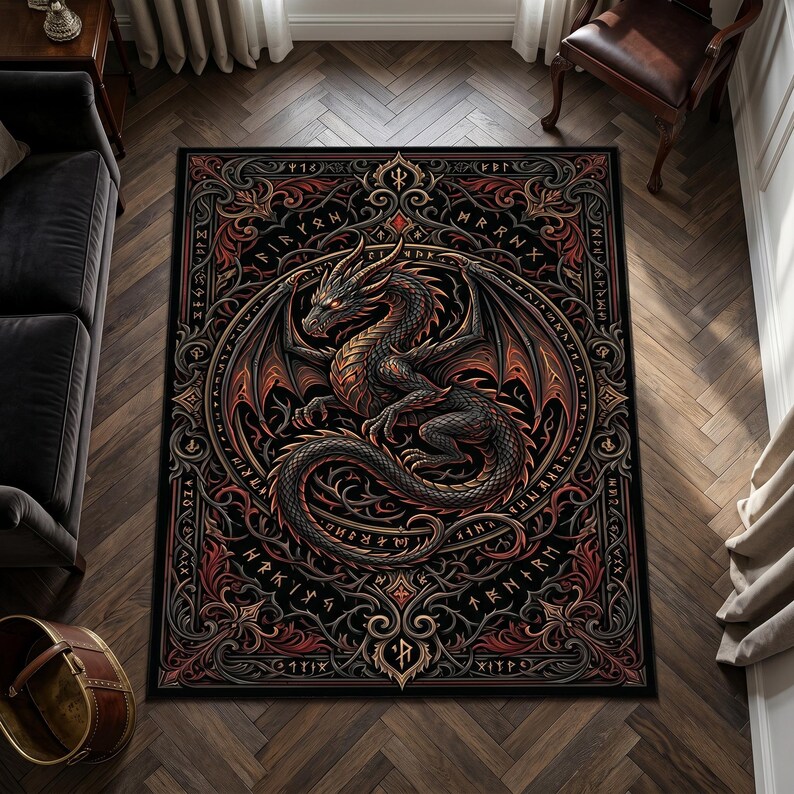 Dark Fantasy Dragon Rug, Gothic Medieval Carpet, Mystic Runes Home ...