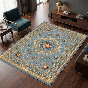 French Floral Area Rug, Victorian Blue Rug, Rococo Floral Carpet, Vintage French Decor Rug, Elegant Living Room Rug, Luxury Home Decor