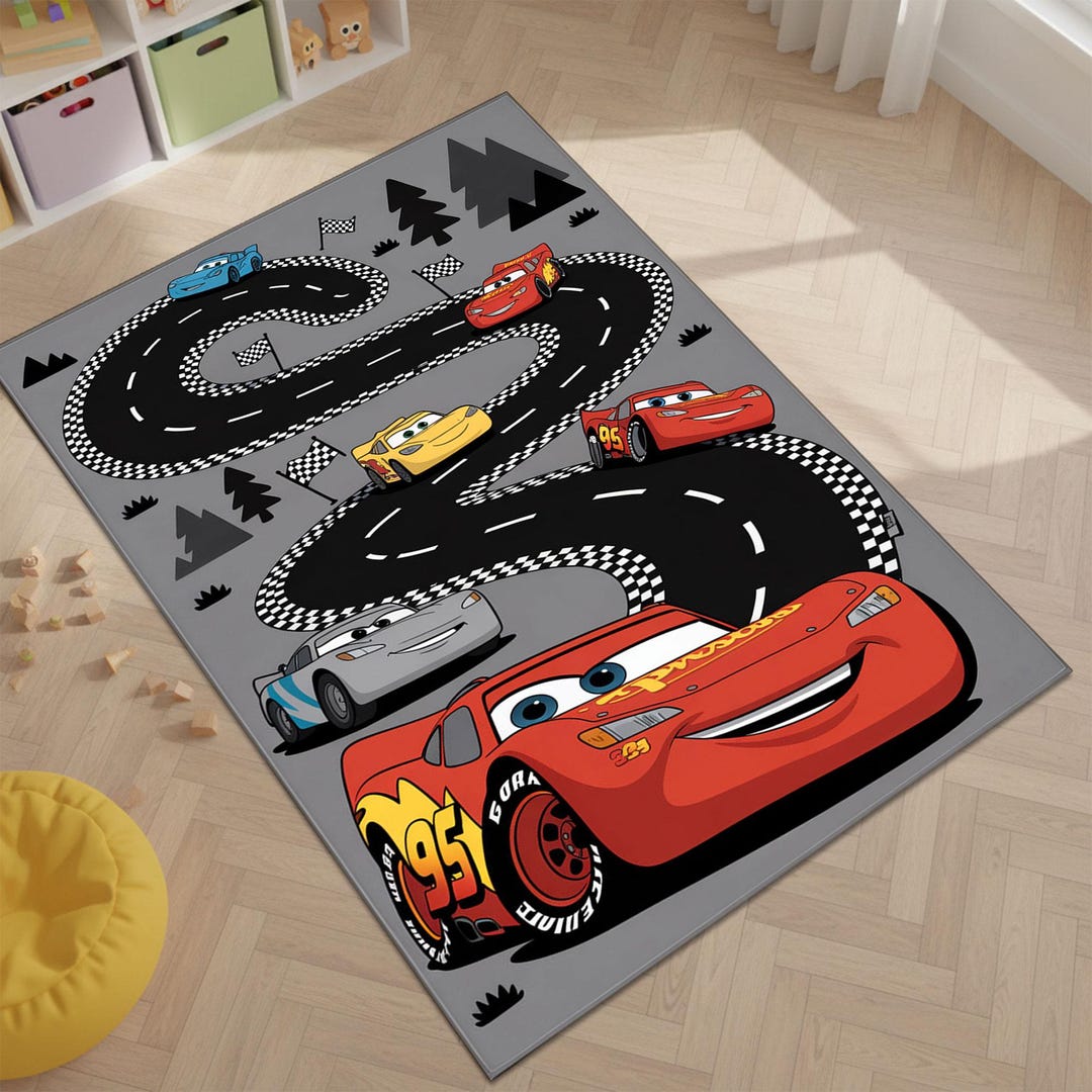 Lightning Mcqueen Race Track Rug, Cartoon Cars Boys Room Decor Carpet ...