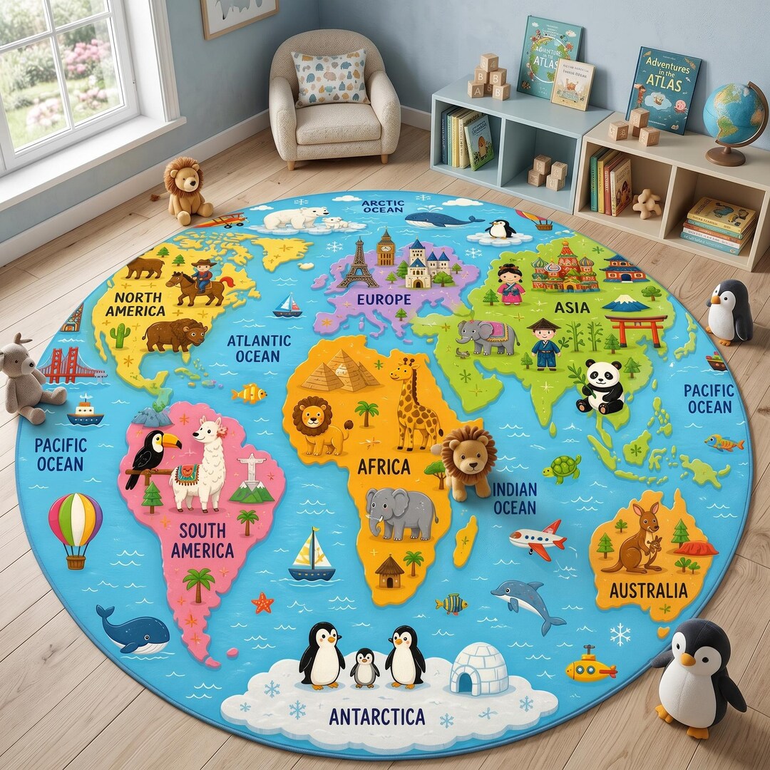 Kids World Map Rug, Educational Animal Playroom Carpet, Montessori ...