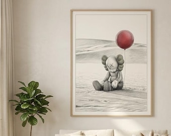 KAWS Ballongfigur Konsttryck | Blyertsskiss Ökenväggkonst (digital nedladdning)