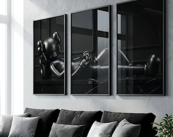 Mattsvart panoramaväggkonstset med figur | Skulpturell lyxposter (digital nedladdning)