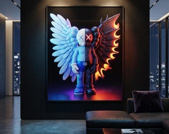 KAWS Ängel Djävul Tryck | Neon Duality Väggkonst (Digital Nedladdning)