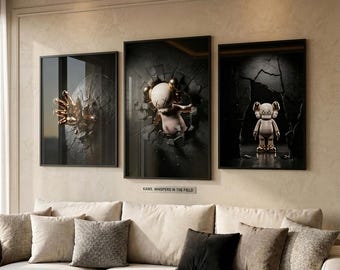 KAWS Breaking Through Wall Art Set | Dark Gold Living Room Decor (Digital Download)