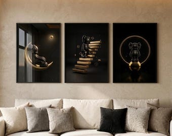 KAWS Black Gold Triptych Art Print Set | Moon Stairs Halo Poster (Digital Download)