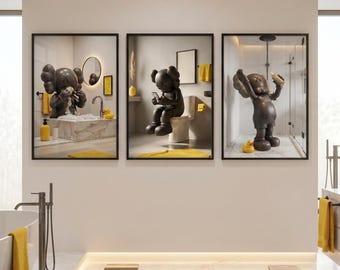 KAWS Badrumsrutin Väggkonst | Gul dekorationsset (digitala nedladdningar)