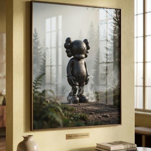 May include: A framed wall art print featuring a black KAWS Companion figure standing in a misty forest setting. Below the frame, a small plaque is mounted on the wall with the text KAWS - FOREST COMPANION printed in black capital letters.
