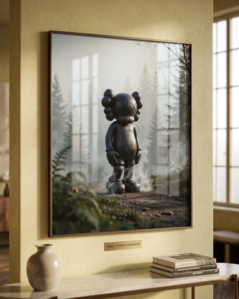 May include: A framed wall art print featuring a black KAWS Companion figure standing in a misty forest setting. Below the frame, a small plaque is mounted on the wall with the text KAWS - FOREST COMPANION printed in black capital letters.