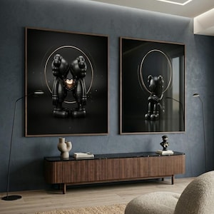 KAWS Inspired Love Art Print Set | Black Gold Figures, Heart Wall Art (Digital Download) image 2