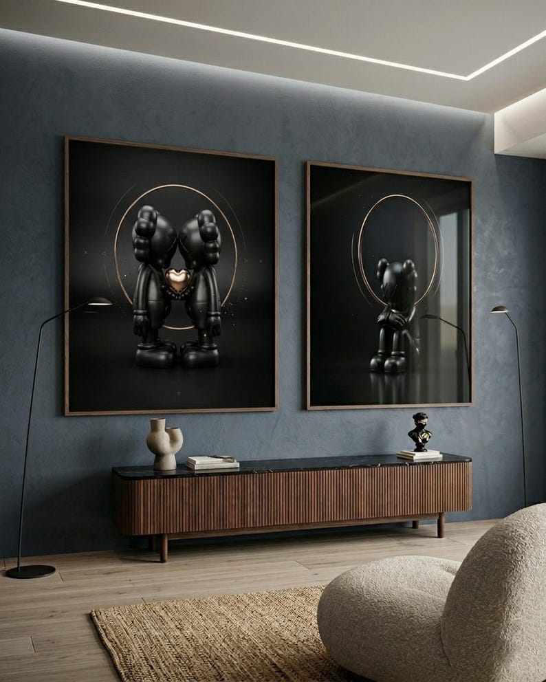 KAWS Inspired Love Art Print Set | Black Gold Figures, Heart Wall Art (Digital Download) image 2