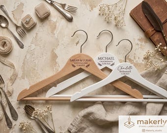 Percha personalizada para vestidos de novia – Percha de madera con grabado – Regalo nupcial – Percha individual con nombre para vestido y traje de novia