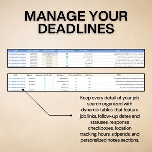 May include: A digital job search tracker featuring the text MANAGE YOUR DEADLINES at the top. It displays two organized tables with columns for links, dates, statuses, locations, notes, stipends, and hours, alongside a descriptive text block.