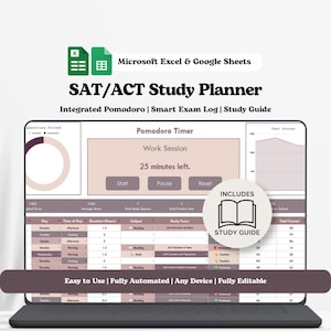 Peut inclure: Un planificateur d'étude SAT/ACT numérique pour Microsoft Excel et Google Sheets affiché sur un écran d'ordinateur portable. L'interface comprend un minuteur Pomodoro, un tableau de suivi, un graphique de scores et un diagramme circulaire.