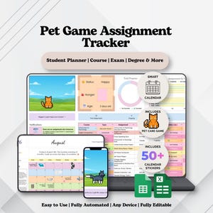 May include: A digital Pet Game Assignment Tracker displayed on a laptop, tablet, and smartphone. The interface features pixel art pets, assignment tables, progress charts, and calendar views. Text includes Pet Game Assignment Tracker and 50+ Calendar Stickers.