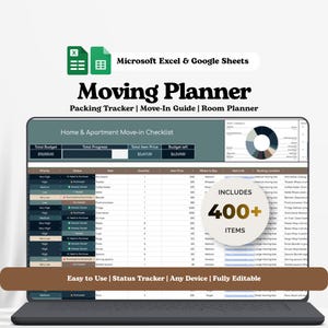 May include: A digital moving planner for Microsoft Excel and Google Sheets displayed on a laptop screen. The interface features a Home & Apartment Move-in Checklist, a pie chart, and columns for priority, status, item, quantity, price, and packing location.