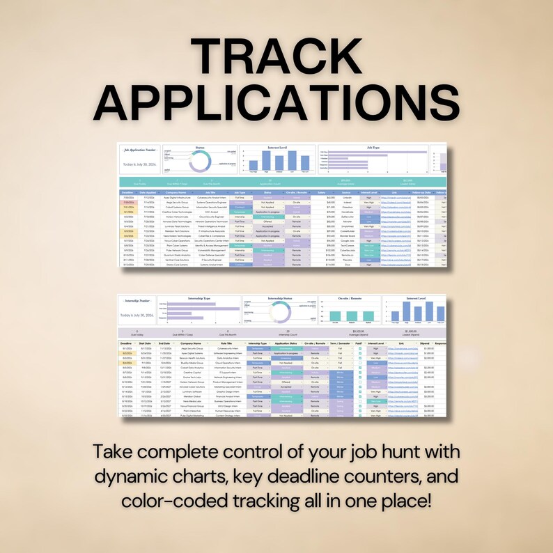 May include: A digital job application tracker template featuring the text TRACK APPLICATIONS at the top and a summary at the bottom. The layout includes two detailed spreadsheets with dynamic charts, bar graphs, and color-coded status columns.