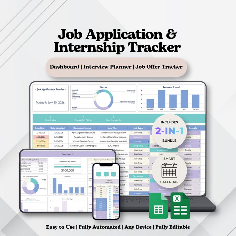 Job Application Tracker Spreadsheet Google Sheets Excel Internship Tracker Digital Job Hunt Dashboard Career Planner Template Student image 1