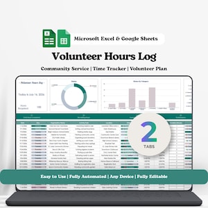 Aesthetic Volunteer Hours Log Excel Template | Community Service Tracker Sheet for High School Students College Resume | Scholar Digital Log