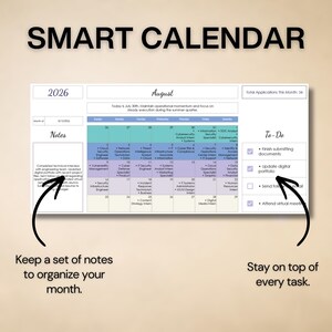 May include: A digital smart calendar for August 2026 featuring a monthly grid with color-coded sections, a notes column on the left, and a to-do list on the right. The layout includes text fields for daily tasks, professional goals, and checkboxes for tracking progress.