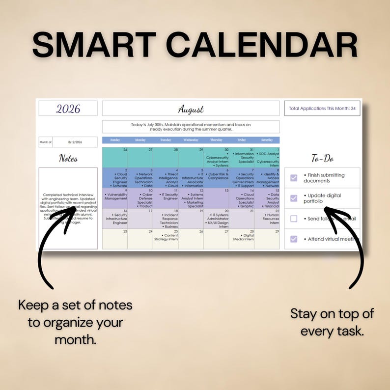 May include: A digital smart calendar for August 2026 featuring a monthly grid with color-coded sections, a notes column on the left, and a to-do list on the right. The layout includes text fields for daily tasks, professional goals, and checkboxes for tracking progress.