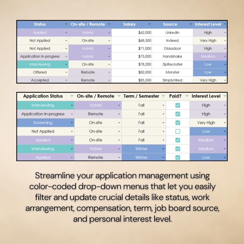 May include: Two digital tables for job application tracking with color-coded drop-down menus. Columns include status, work arrangement, salary, source, interest level, term, and payment status. Text reads: Streamline your application management.